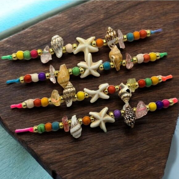 Colorful Starfish Shell Beaded String Charm Bracelet Adjustable Summer Beach - Picture 3 of 3